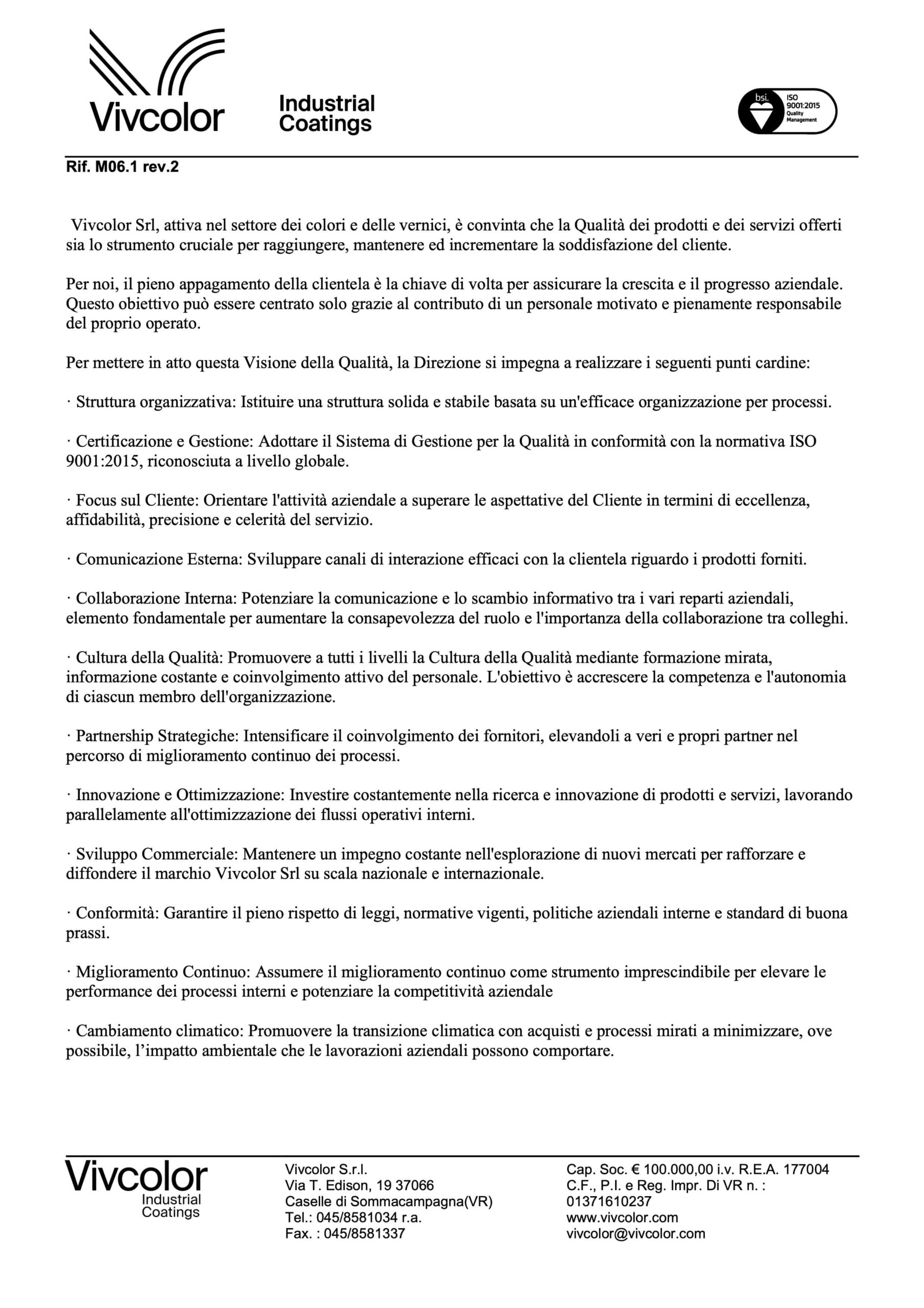 politica della qualità 2025