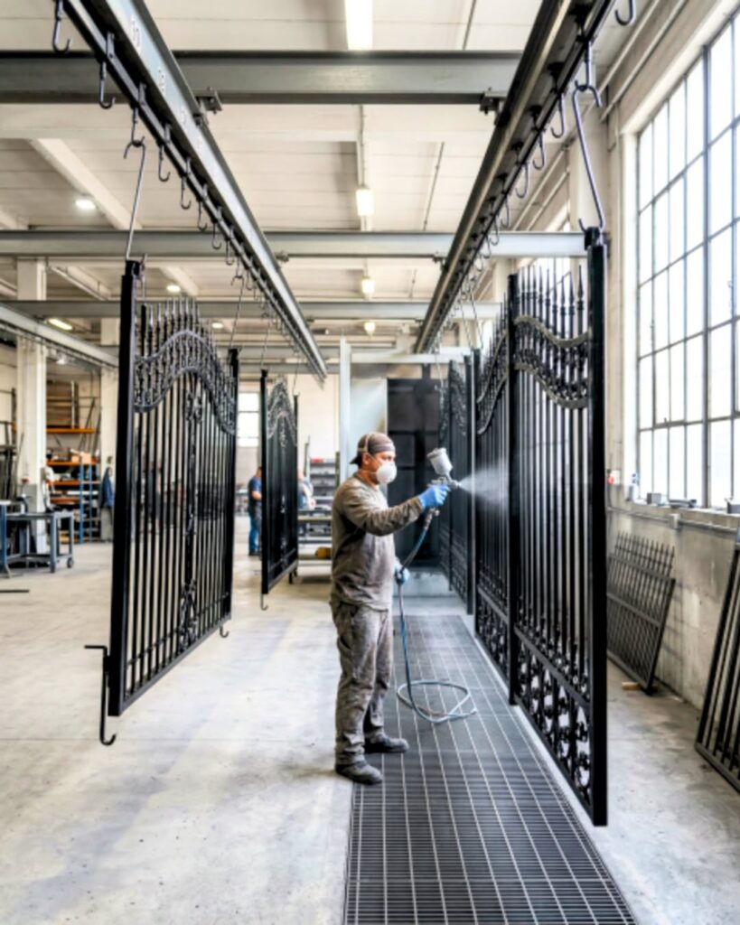 Gates, railings, shelving, frames: the metal carpentry undergoes painting in
