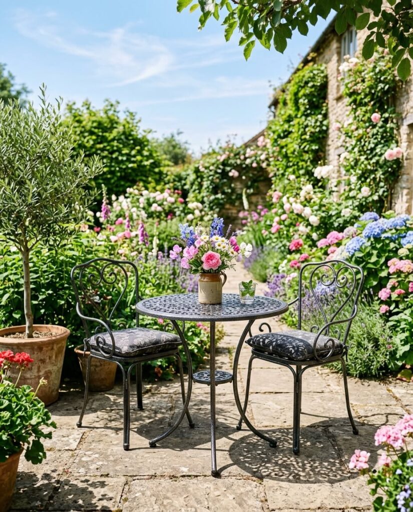 Iron garden furniture lives outdoors all year round and pays